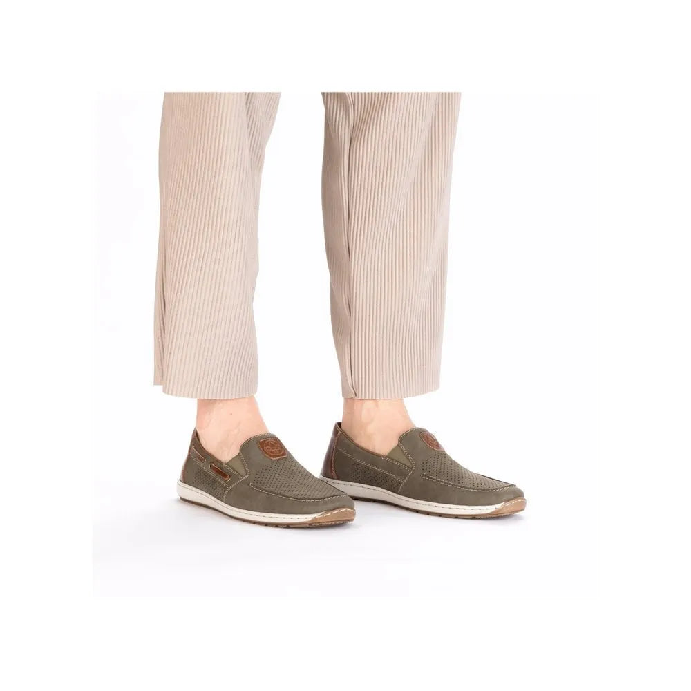 Rieker 08866-54 men's green slip-on deck shoes, lightweight casual footwear with perforated design and slip-resistant sole.