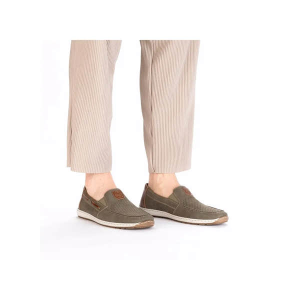 Rieker 08866-54 men's green slip-on deck shoes, lightweight casual footwear with perforated design and slip-resistant sole.