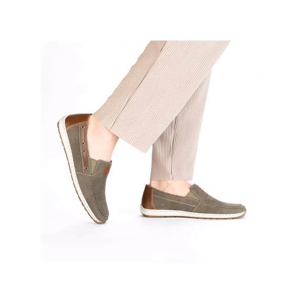 Rieker 08866-54 men's green slip-on deck shoes with brown accents and cushioned soles, casual slip-on footwear for men.