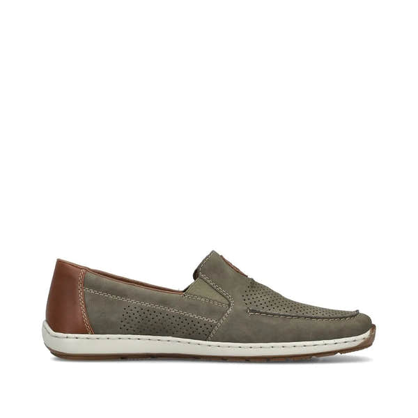 Rieker 08866-54 men's green slip-on deck shoes with perforated leather design and brown heel detail.