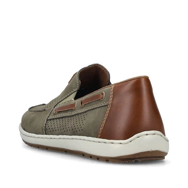 Rieker men's green slip-on deck shoes with brown leather heel detail, perforated design, and white rubber sole.