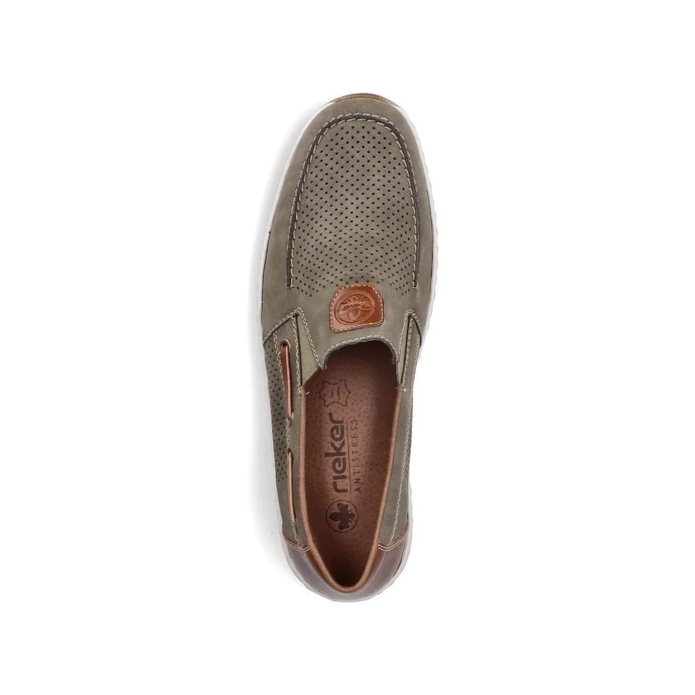 Rieker men's green slip-on deck shoes with perforated upper, cushioned insole, and casual slip-on design.
