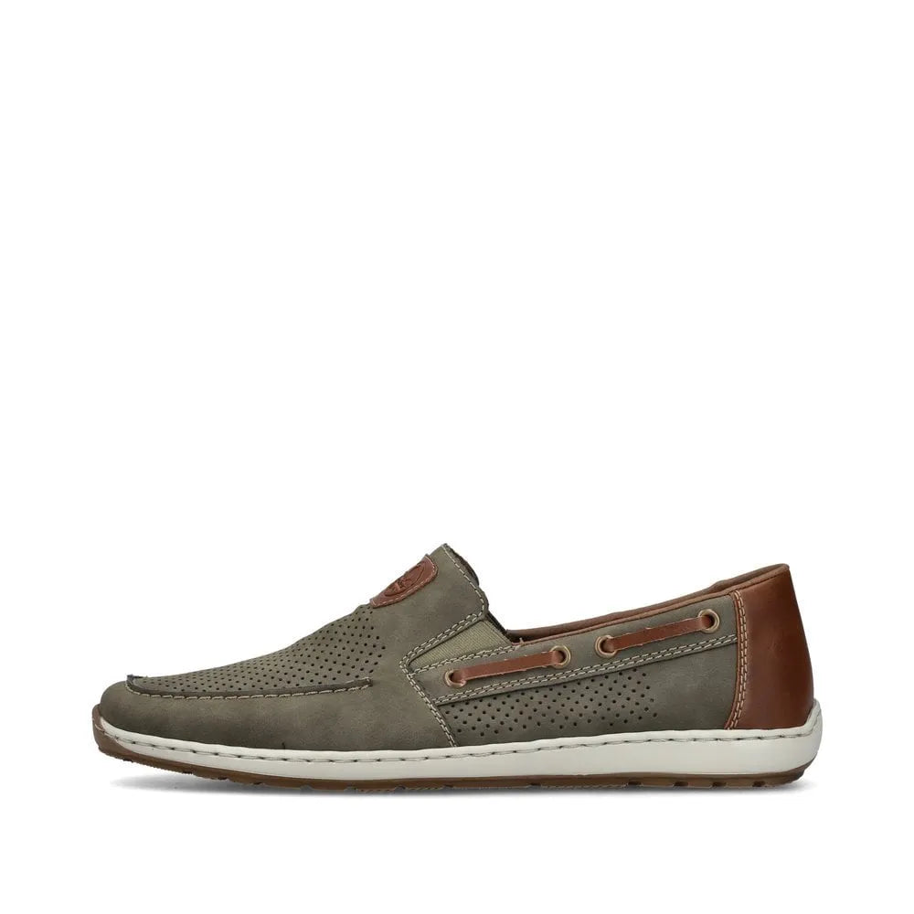 Rieker 08866-54 men's green slip-on deck shoes with brown accents, perforated details, and white sole.