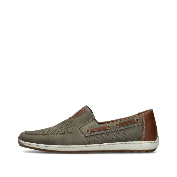 Rieker 08866-54 men's green slip-on deck shoes with brown accents, perforated details, and white sole.