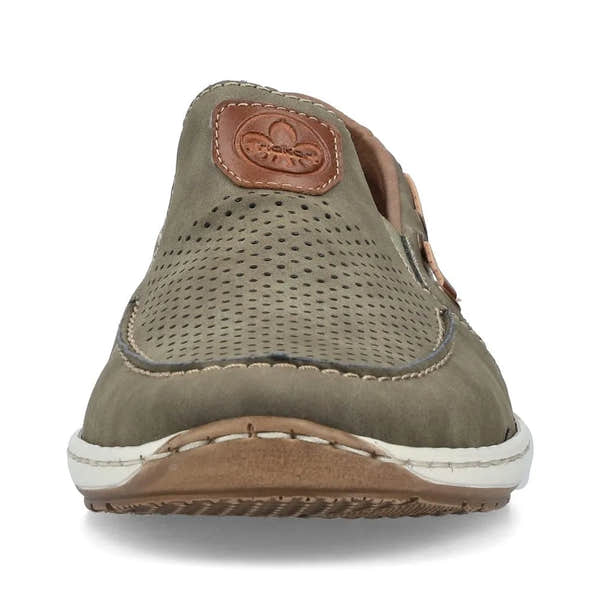 Rieker men's green slip-on deck shoes with perforated upper and tan accents, casual lightweight footwear.