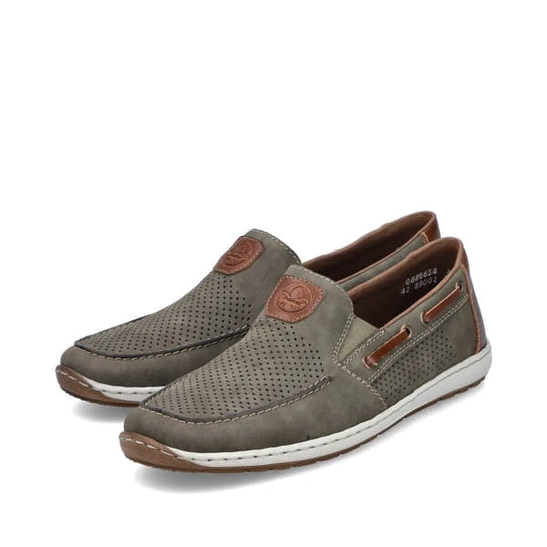 Rieker 08866-54 men's green slip-on deck shoes with perforated uppers and brown accents, lightweight and casual for summer wear.