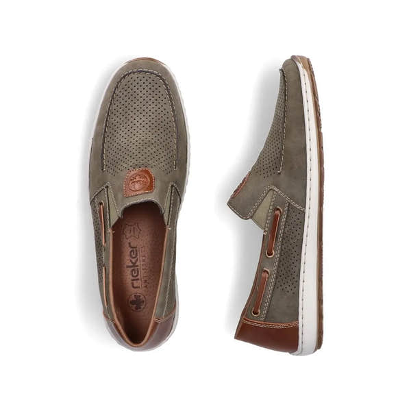 Rieker 08866-54 men's green slip-on deck shoes with perforated upper, brown accents, and white sole for casual wear.