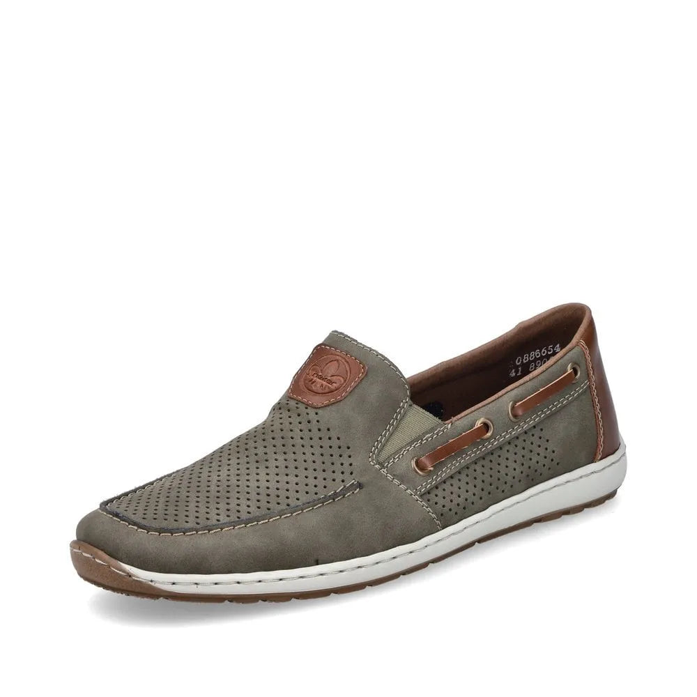 Rieker 08866-54 men's green slip-on deck shoes with perforated design, brown accents, and white rubber sole.