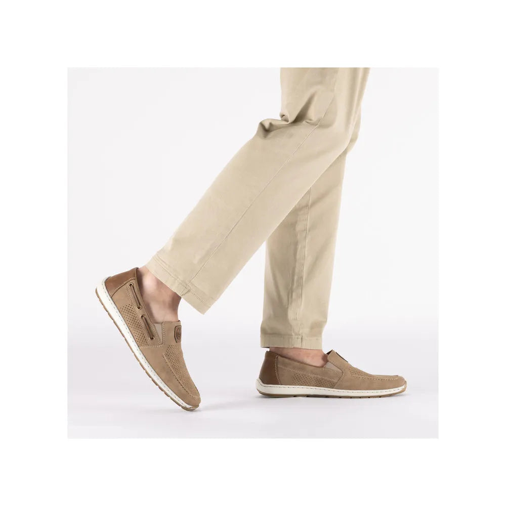 Rieker 08866-64 men's beige slip-on deck shoes with perforated leather and elastic side panels, casual style with white sole.