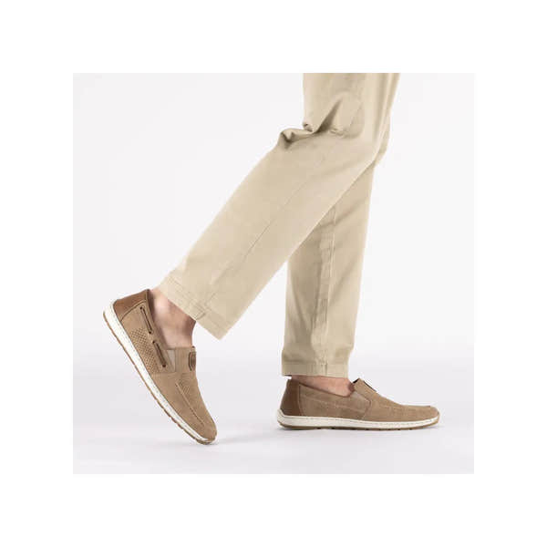 Rieker 08866-64 men's beige slip-on deck shoes with perforated leather and elastic side panels, casual style with white sole.