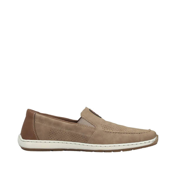 Beige slip-on deck shoes with perforated detailing, brown heel accent, and white flexible sole for men.