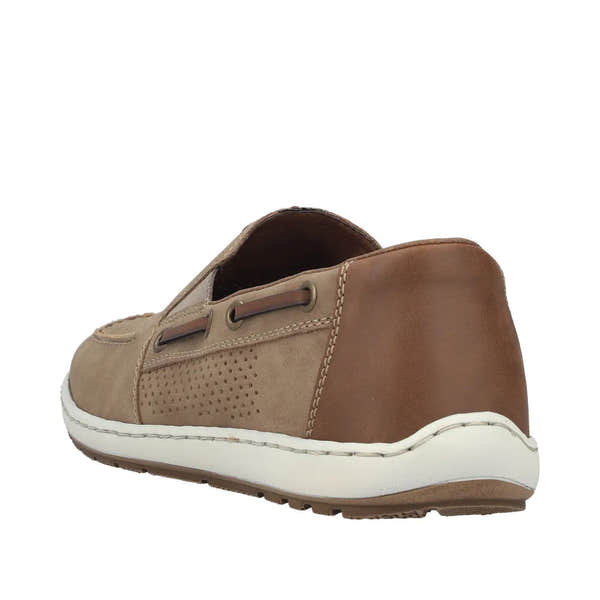Men's beige slip-on deck shoes with perforated detailing, brown accents, and a white sole.