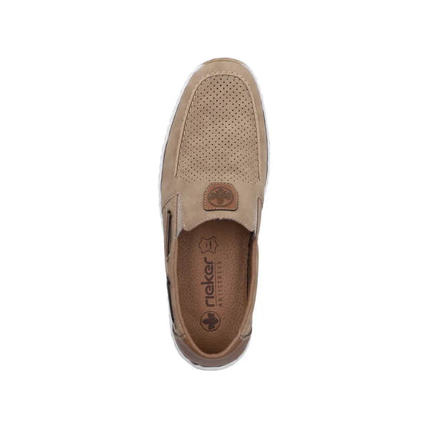 Rieker 08866-64 men's beige slip-on deck shoes with perforated upper, cushioned insole, and slip-resistant outsole.