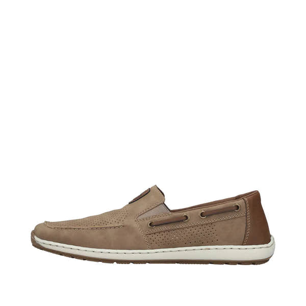 Rieker 08866-64 men's beige slip-on deck shoes with perforated upper, elastic side laces, and white rubber sole.
