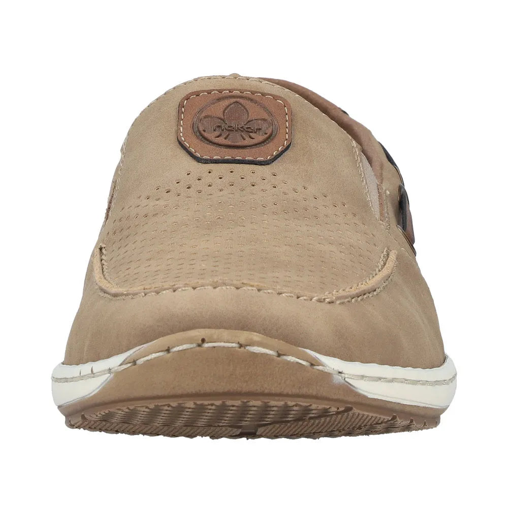 Rieker 08866-64 men's beige slip-on deck shoes with perforated upper and leather logo patch.