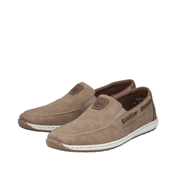 Beige slip-on deck shoes with perforated leather upper, brown accents, elastic side goring, and white rubber sole.