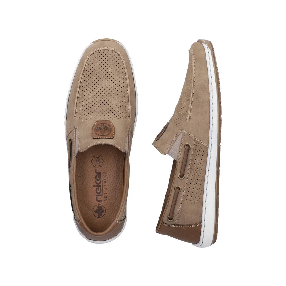 Beige slip-on deck shoes with perforated leather upper, brown accents, white sole, and lacing detail.