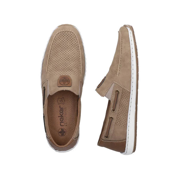 Beige slip-on deck shoes with perforated leather upper, brown accents, white sole, and lacing detail.