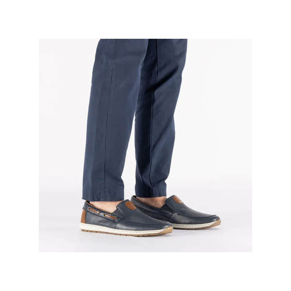 Men's wide Pacific Blue leather elasticated slip-on shoes with brown accents and white soles.