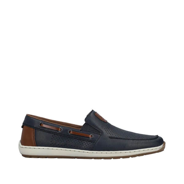 Men's wide Pacific blue leather slip-on shoe with elasticated sides, brown accents, perforated detailing, and a white rubber sole.