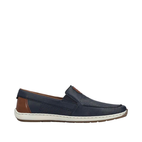 Men's wide Pacific blue leather slip-on shoes with perforated detailing, elastic sides, brown accents, and white sole.