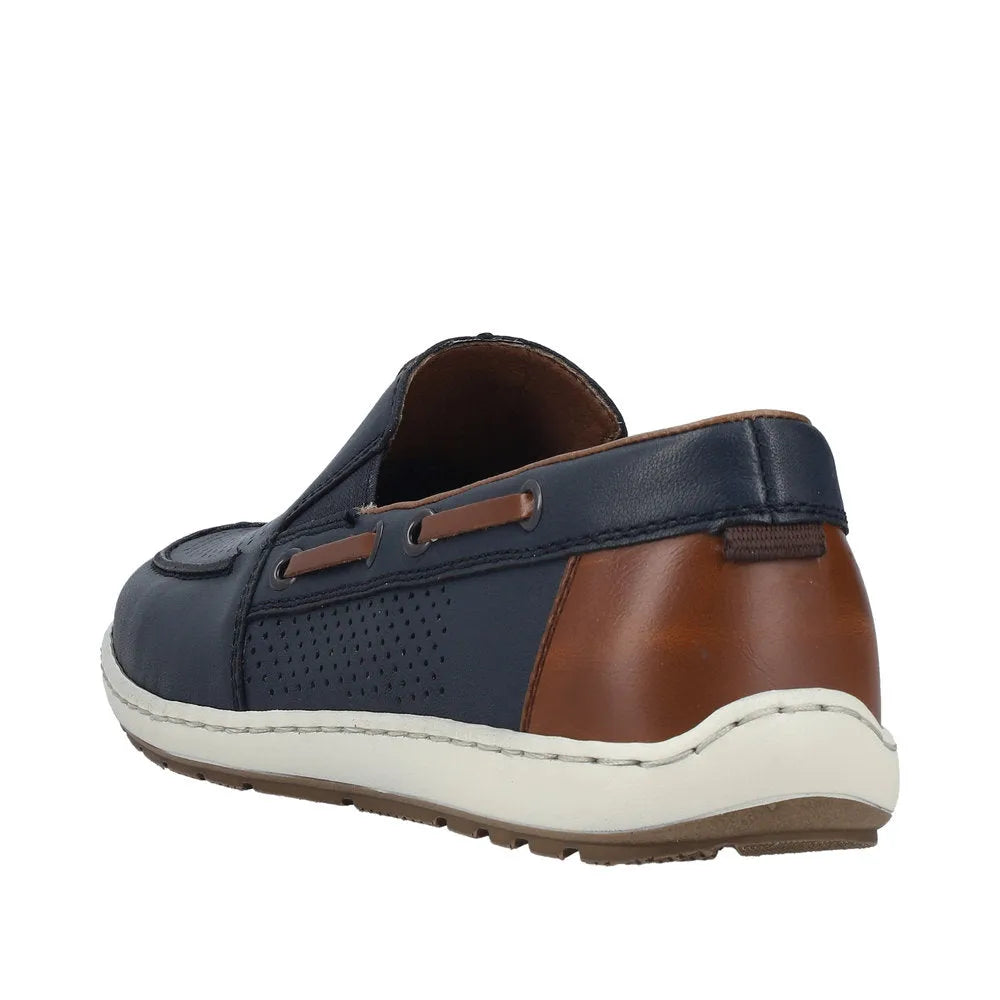 Men's navy and brown leather elasticated loafers with perforated side panels and white rubber soles.