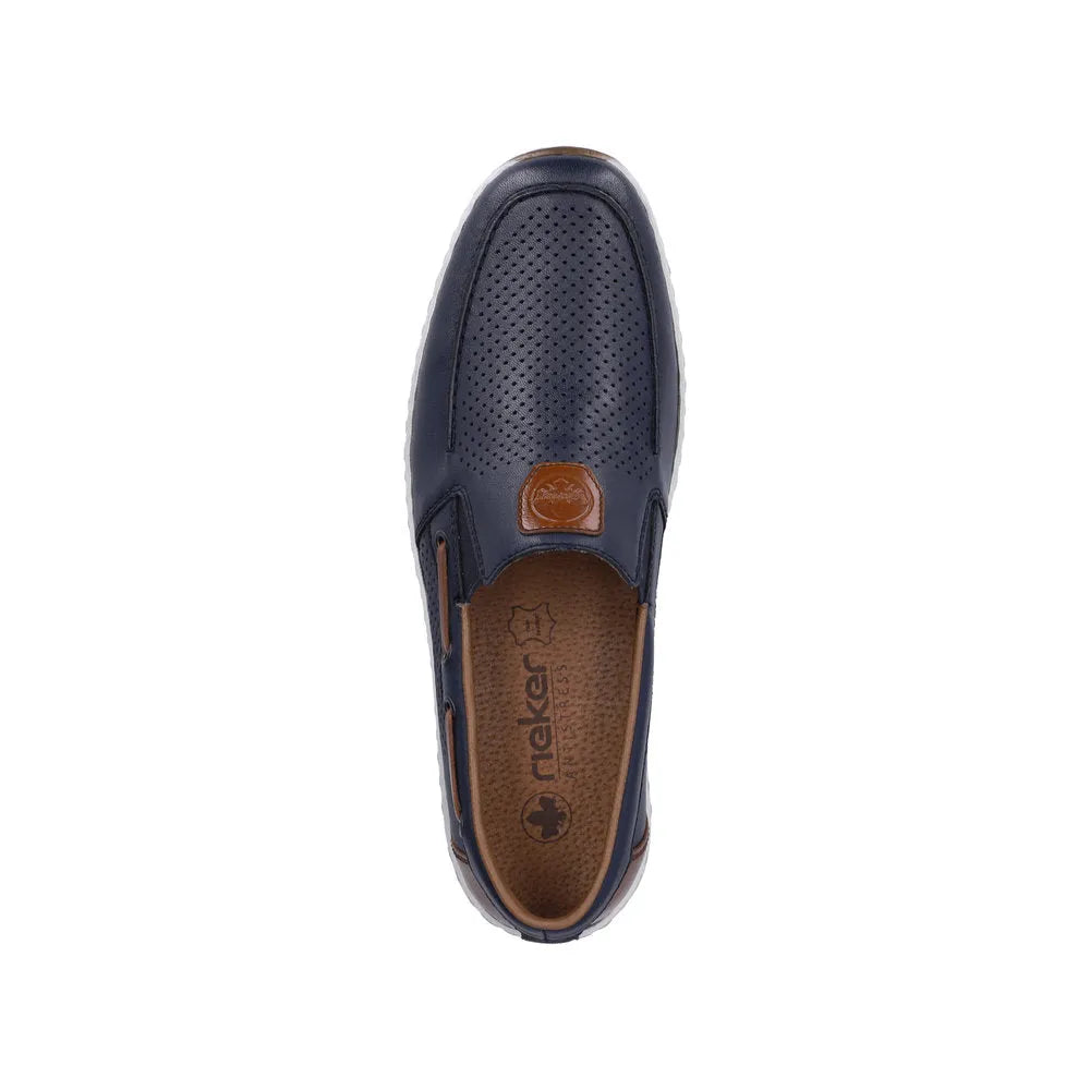 Men's navy blue leather slip-on shoes with elastic sides, perforated upper, brown accents, and branded insole.