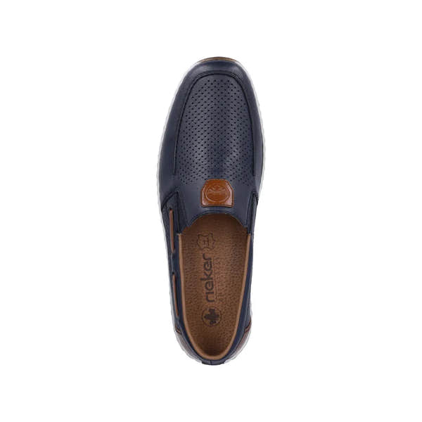 Men's navy blue leather slip-on shoes with elastic sides, perforated upper, brown accents, and branded insole.