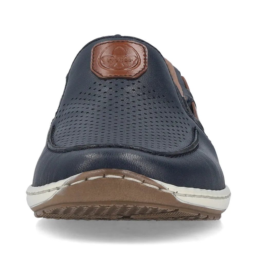 Men's wide Pacific blue leather slip-on shoe with elasticated sides and brown leather logo patch on the top.