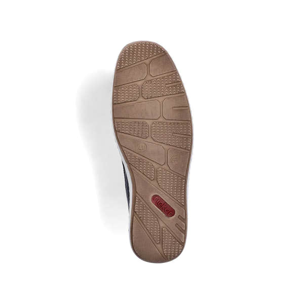 Rieker 08867-14 men's wide Pacific Blue leather elasticated shoes with textured rubber sole and brand logo.