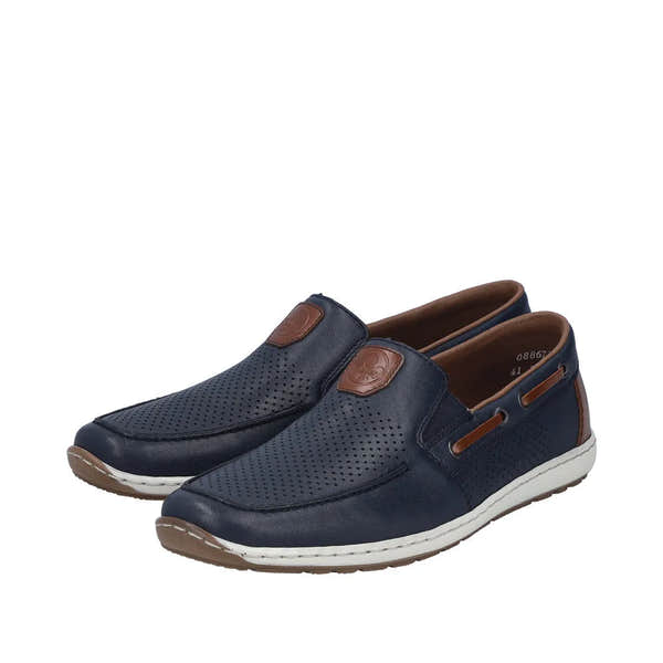 Navy blue leather elasticated men's shoes with perforated upper, brown accents, and white sole.