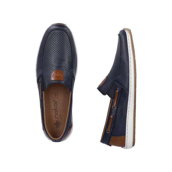 Men's navy blue leather slip-on shoes with perforated detailing, elastic sides, brown accents, and white rubber soles.