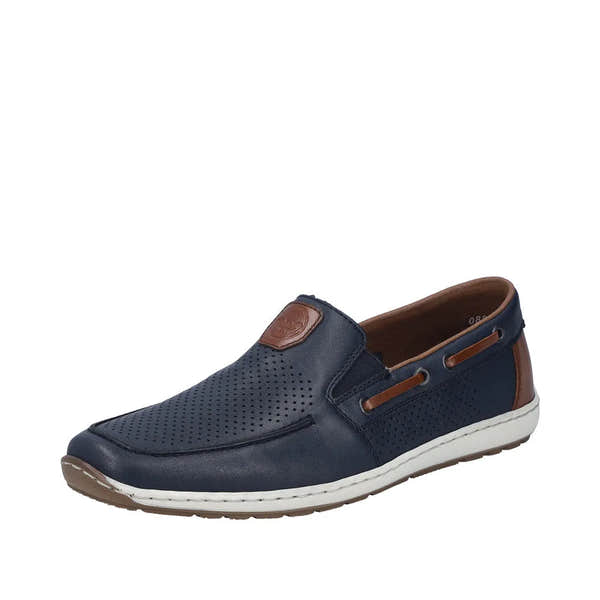 Navy blue leather slip-on men's shoe with perforated detailing, brown accents, elastic sides, and a white sole.