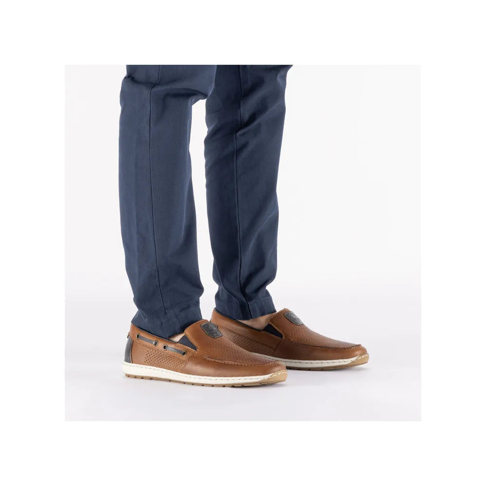 Rieker 08867-25 men's wide tobacco brown leather elasticated shoes, casual slip-ons with perforated detailing and white rubber soles.