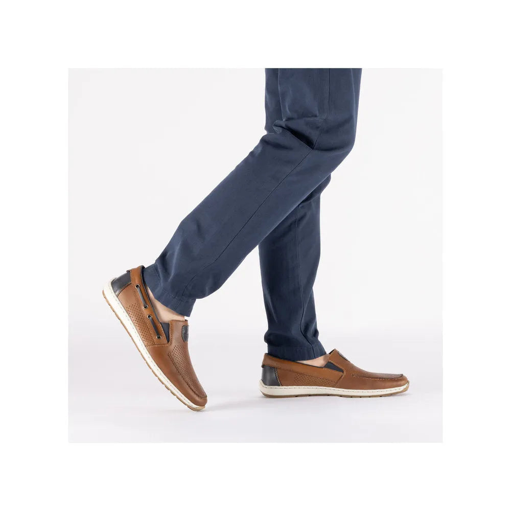 Rieker 08867-25 men's wide tobacco brown leather elasticated shoes, casual slip-ons with perforated detailing and white soles.