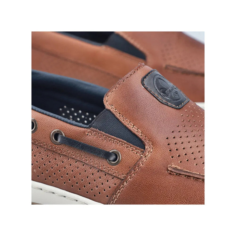 Rieker 08867-25 men's wide fit tobacco brown leather elasticated shoes with perforated details and black accents.