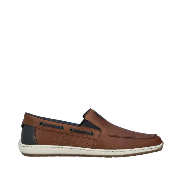 Rieker men's wide fit tobacco brown leather elasticated slip-on shoes with perforated detail and white sole.