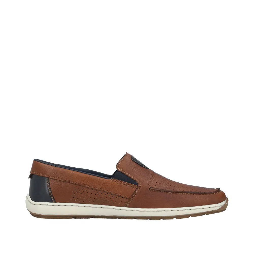 Rieker 08867-25 men's wide fit tobacco brown leather elasticated slip-on shoes with perforated detailing.