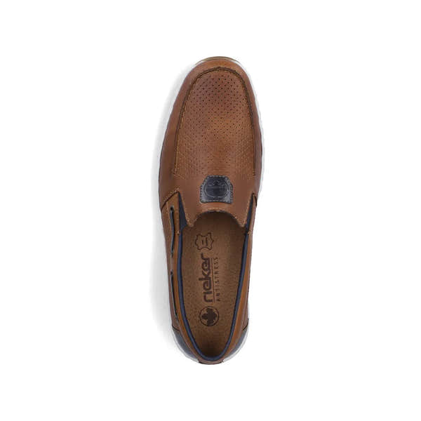 Rieker men's wide fit tobacco brown leather elasticated slip-on shoes with perforated detailing and cushioned insoles.