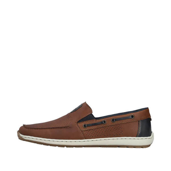 Rieker 08867-25 men's wide tobacco brown leather loafers with elastic sides and perforated detail.