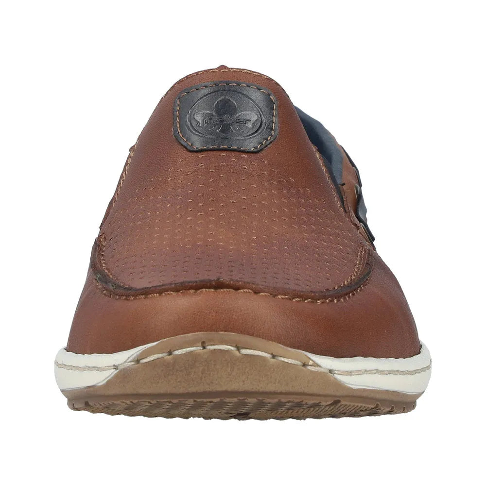 Rieker men's wide tobacco brown leather elasticated shoes, sporty slip-on design with perforated details and white sole.