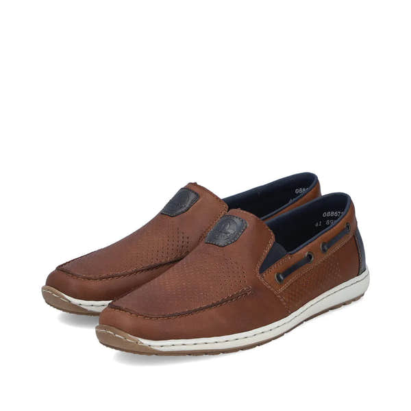 Rieker 08867-25 men's wide tobacco brown leather elasticated slip-on shoes with perforated detailing and white sole.