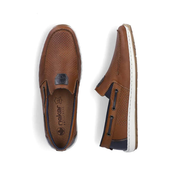 Rieker men's wide fit tobacco brown leather slip-on shoes with perforated design and elasticated sides.