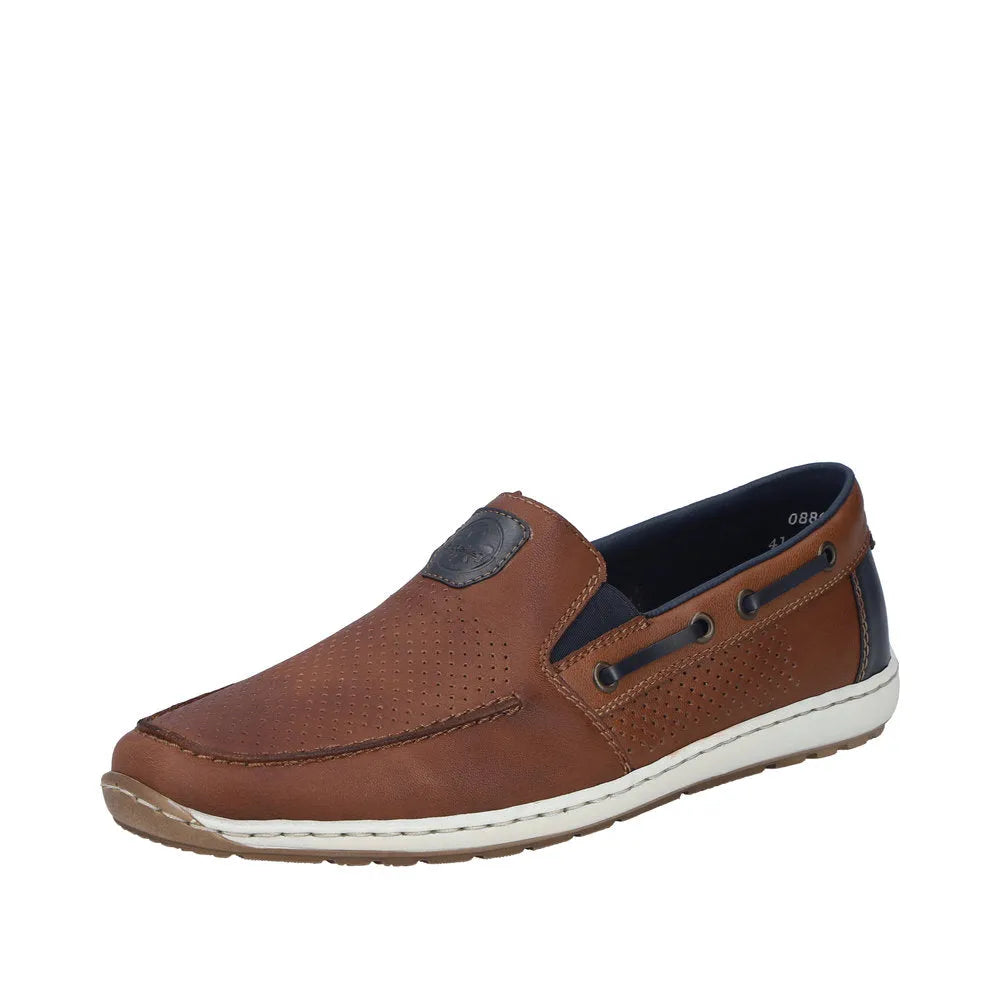 Rieker men's wide fit brown leather slip-on shoe with perforated design and elastic side panels, cushioned white sole.