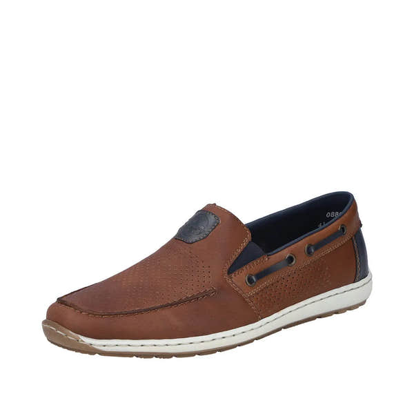 Rieker men's wide fit brown leather slip-on shoe with perforated design and elastic side panels, cushioned white sole.