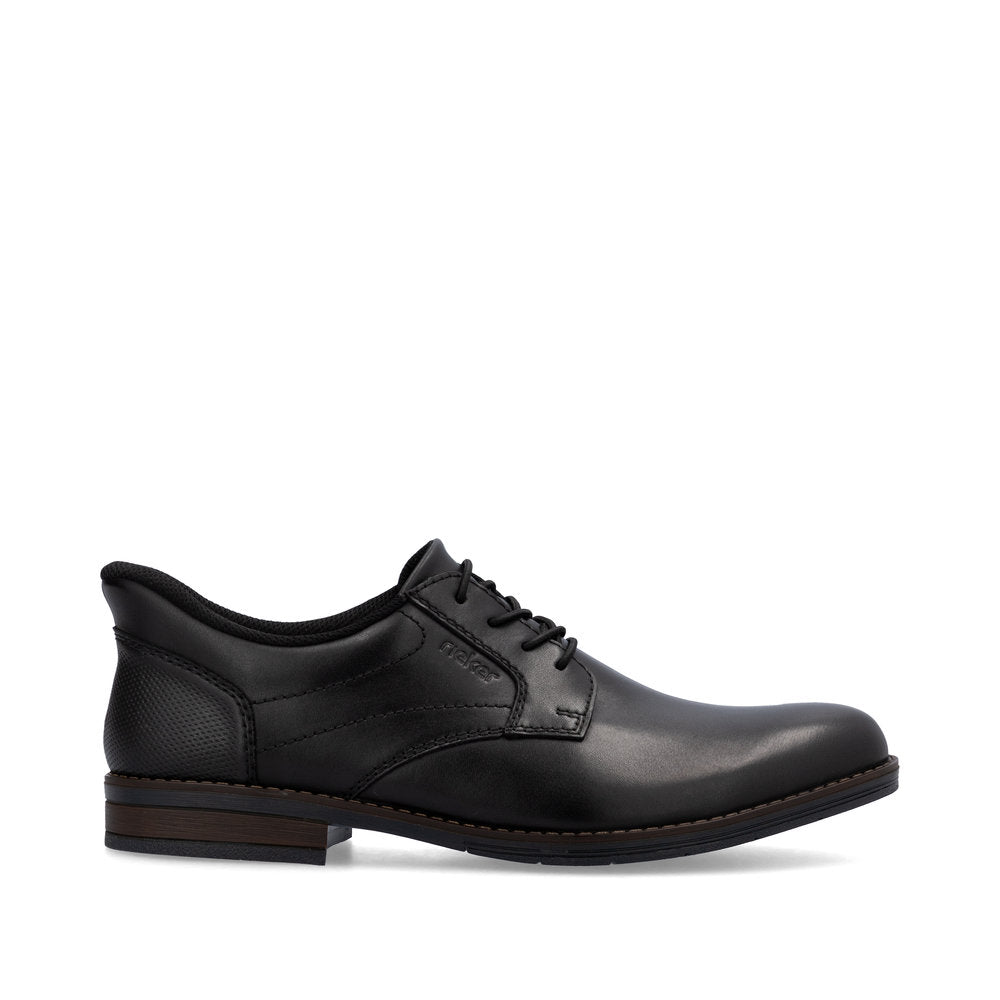 Rieker 10353-00 men's black leather slip-on shoes with wide fit, lace-up design, and low heel.