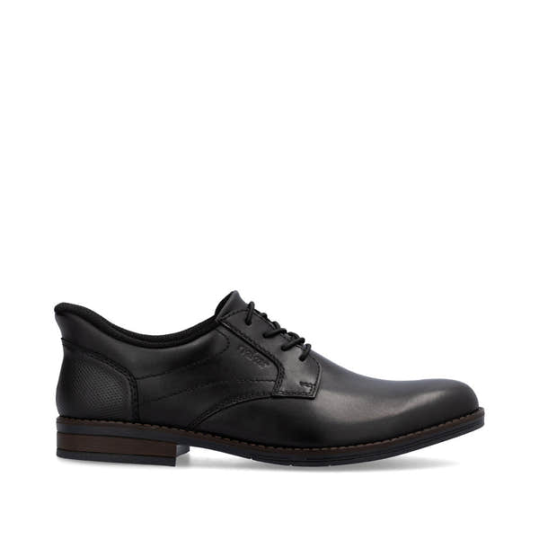 Rieker 10353-00 men's black leather slip-on shoes with wide fit, lace-up design, and low heel.