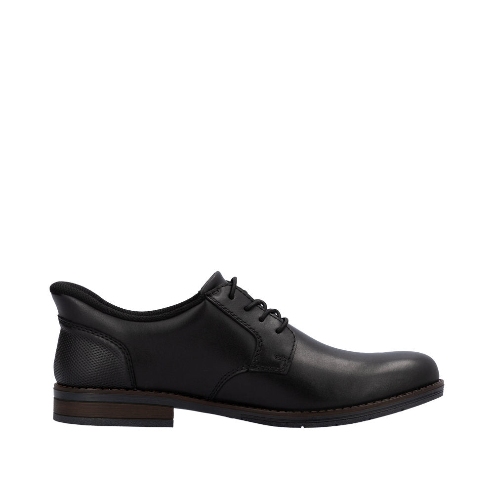Rieker 10353-00 men's wide fit black leather slip-on shoes with lace-up design and low heel.