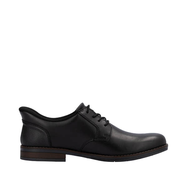 Rieker 10353-00 men's wide fit black leather slip-on shoes with lace-up design and low heel.