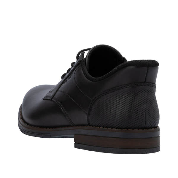 Rieker 10353-00 men's black leather slip-on shoes with wide fit and textured heel detail.